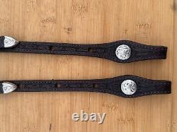 CIRCLE Y Tooled Double Ear Silver Buckle Western Show Headstall Dark Oil