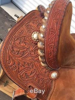 Cactus Horse Saddle, 15, Barrel, Gorgeous, Hand Tooled Leather, Rawhide Clad
