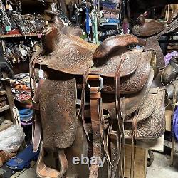 Cool horsehead Tooled vintage western saddle 15 seat