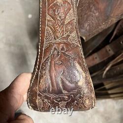 Cool horsehead Tooled vintage western saddle 15 seat