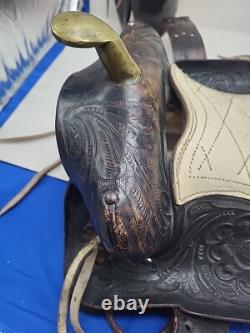 Country Western Cowboy Saddle vintage Tooled Brass Pommel Black USA