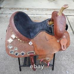 D&D Western Barrel Saddle 14Tooled Leather Suede Seat Crystal Conchos Seguin TX