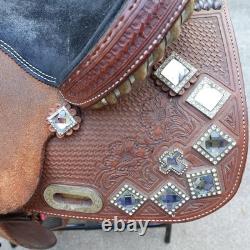 D&D Western Barrel Saddle 14Tooled Leather Suede Seat Crystal Conchos Seguin TX