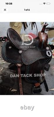 DAN TACK SHOP Western Leather Saddle Brown with Blue Stitching