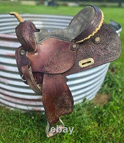 Double T Saddlery tooled leather Barrel Racing Western Saddle Brown 16 in