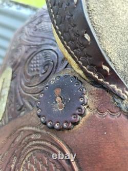 Double T Saddlery tooled leather Barrel Racing Western Saddle Brown 16 in
