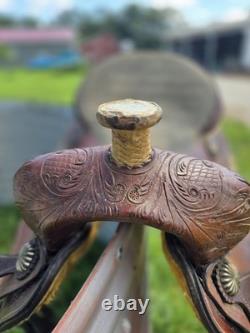 Double T Saddlery tooled leather Barrel Racing Western Saddle Brown 16 in