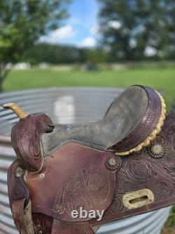 Double T Saddlery tooled leather Barrel Racing Western Saddle Brown 16 in