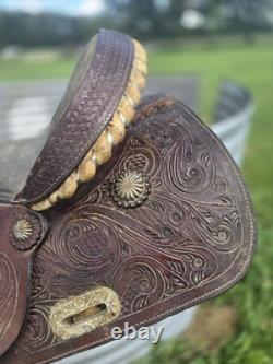 Double T Saddlery tooled leather Barrel Racing Western Saddle Brown 16 in