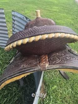 Double T Saddlery tooled leather Barrel Racing Western Saddle Brown 16 in