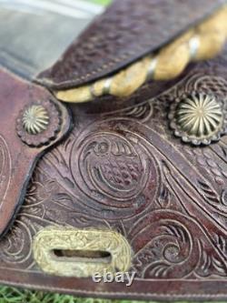 Double T Saddlery tooled leather Barrel Racing Western Saddle Brown 16 in