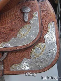 Fancy Silver Circle Y Show Saddle Gold Inlay Lightly Used 16