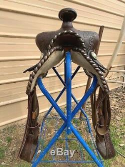 Flashy used 15 Buford tooled dark oil leather Western saddle withsilver US made