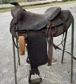 Floral Tooled Vintage Horse Saddle, 14 Seat, Conchos, Western Ranch Decor
