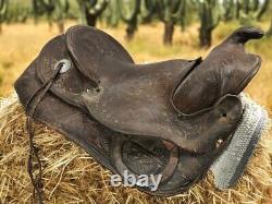 Floral Tooled Vintage Horse Saddle, 14 Seat, Conchos, Western Ranch Decor A