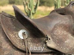 Floral Tooled Vintage Horse Saddle, 14 Seat, Conchos, Western Ranch Decor A