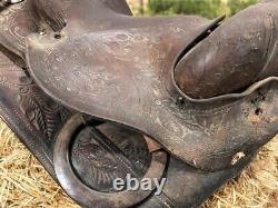 Floral Tooled Vintage Horse Saddle, 14 Seat, Conchos, Western Ranch Decor A