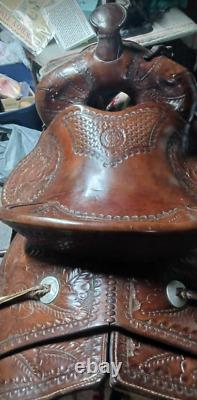 From Museum Heavy Large Hand Tooled Western Saddle by Monroe Veach