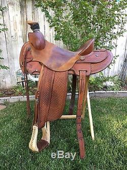 G K Fraker custom ranch saddle association round skirt QHB Roping