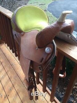 H&H Saddlery Green and Brown 15 Western Barrel Saddle, 7 gullet Barely used
