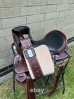 HORSE SADDLE WESTERN USED TRAIL ROUND SKIRT BROWN TOOLED TACK 15 16 17 18 in