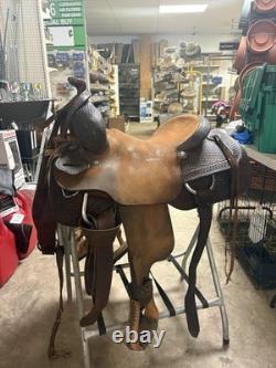 HR Brown Leather Roping Western Saddle 16 in Traditional Design with Stirrups