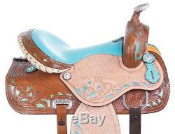 Hand Carved Blue Western Leather Quarter Horse Saddle Trail Used 17