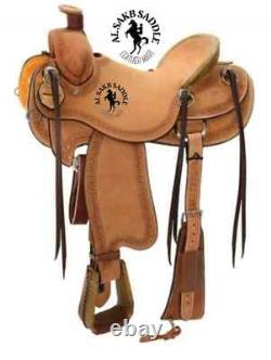 Hand-carved Western Rough out Ranch cutter Horse Saddle with tack set free ship