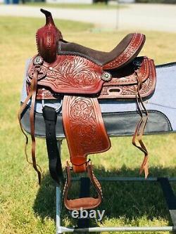 Handmade Kid Brown and Red Floral Tooled Western Horse Barrel Saddle For Riding