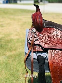 Handmade Kid Brown and Red Floral Tooled Western Horse Barrel Saddle For Riding