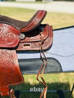 Handmade Kid Brown and Red Floral Tooled Western Horse Barrel Saddle For Riding