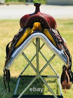 Handmade Kid Brown and Red Floral Tooled Western Horse Barrel Saddle For Riding