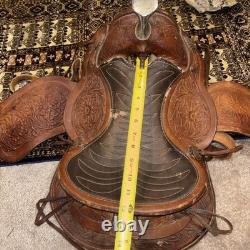 Handmade Western Big Horn Saddle 12 Inch Brown Leather Tooled Horse Saddle Used