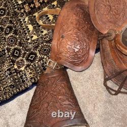 Handmade Western Big Horn Saddle 12 Inch Brown Leather Tooled Horse Saddle Used
