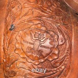 Handmade Western Big Horn Saddle 12 Inch Brown Leather Tooled Horse Saddle Used
