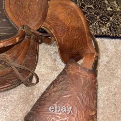 Handmade Western Big Horn Saddle 12 Inch Brown Leather Tooled Horse Saddle Used