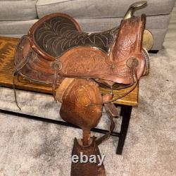 Handmade Western Big Horn Saddle 12 Inch Brown Leather Tooled Horse Saddle Used