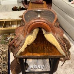 Handmade Western Big Horn Saddle 12 Inch Brown Leather Tooled Horse Saddle Used