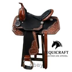 Handmade Western Leather Saddle Black Brown Tooled Silver Stud Trail Saddle