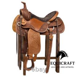 Handmade Western Leather Saddle Brown Floral Tooled Two Tone Ranch Saddle