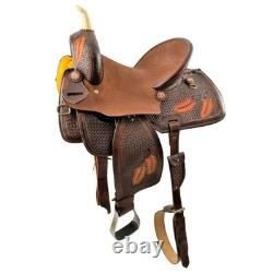 Hard Seat Barrel Style Western Saddle with Feather Tooling Full QH Bars 15 NEW