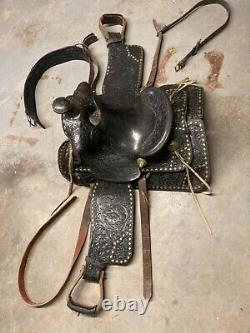 Heavily Tooled Diamond Studded 14 Black Leather Western Show Saddle Roping