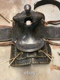 Heavily Tooled Diamond Studded 14 Black Leather Western Show Saddle Roping