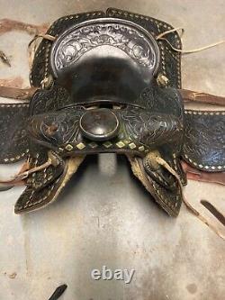 Heavily Tooled Diamond Studded 14 Black Leather Western Show Saddle Roping