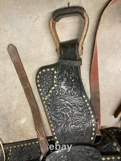 Heavily Tooled Diamond Studded 14 Black Leather Western Show Saddle Roping