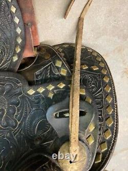 Heavily Tooled Diamond Studded 14 Black Leather Western Show Saddle Roping