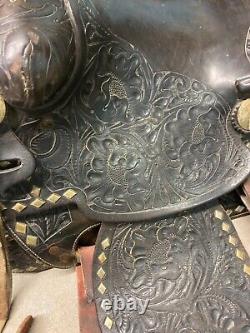 Heavily Tooled Diamond Studded 14 Black Leather Western Show Saddle Roping