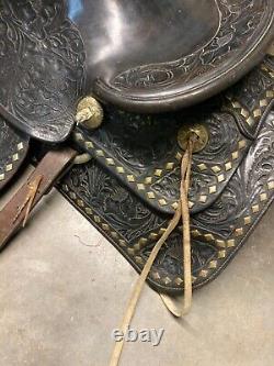 Heavily Tooled Diamond Studded 14 Black Leather Western Show Saddle Roping