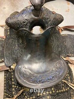 Heavily Tooled Diamond Studded 14 Black Leather Western Show Saddle Roping