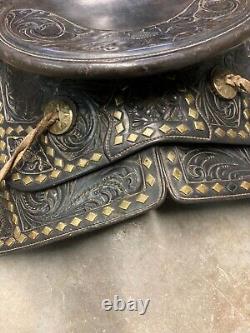 Heavily Tooled Diamond Studded 14 Black Leather Western Show Saddle Roping